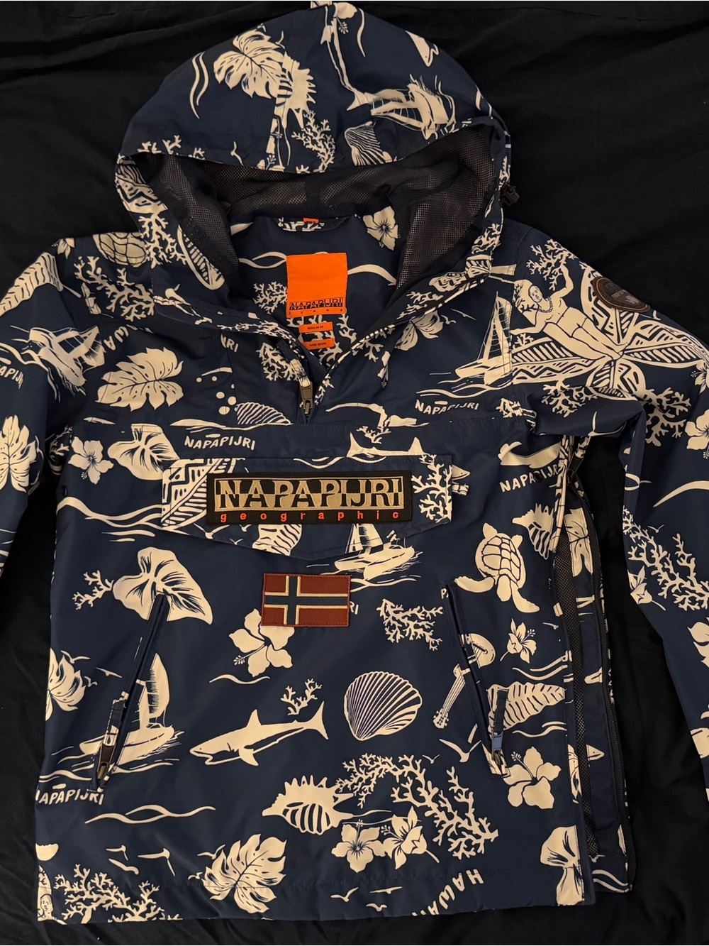 Napapijri Men’s Navy and Cream Floral Hooded Swim Anorak
